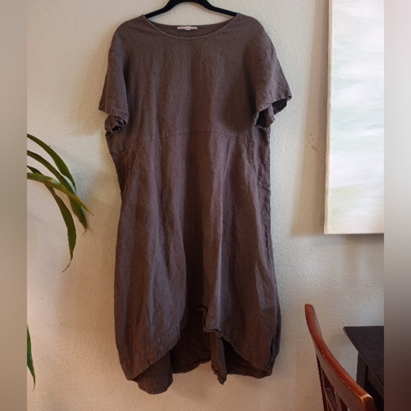 Bryn Walker Linen Light Chocolate Brown Bohemian Lagenlook Loose Fit Dress M - Picture 3 of 8